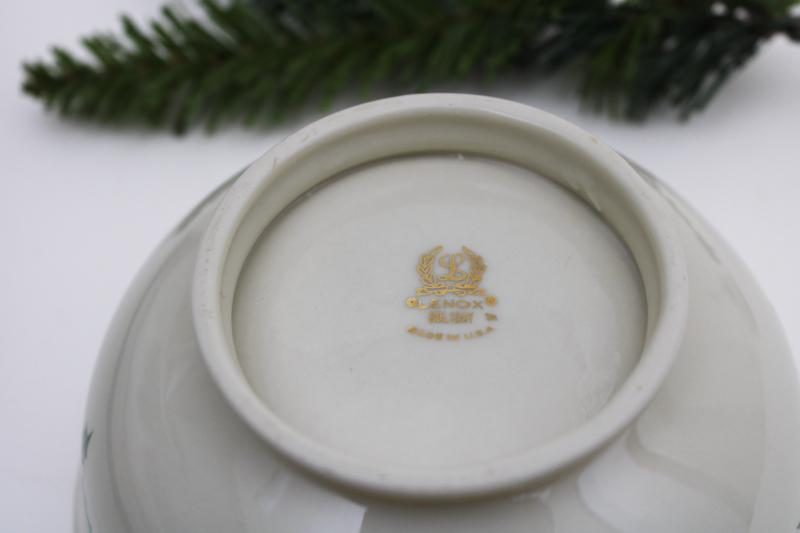 Lenox holiday pattern china, small footed bowl w/ green & red holly, gold trim