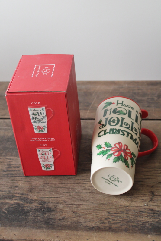 Lenox travel mug ceramic coffee cup w/ lid, Holly Jolly Christmas color changing hot / cold