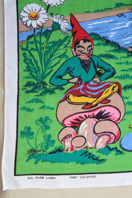 Leprechauns rainbow print vintage linen tea towel, souvenir of Ireland
