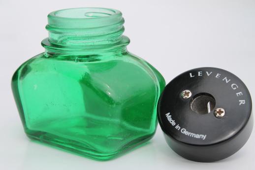 Levenger ink bottle pencil sharpener, antique reproduction green glass ink bottle