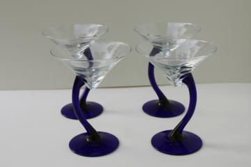 pair Cobalt blue wavy stemmed martini liqueur cocktail glasses