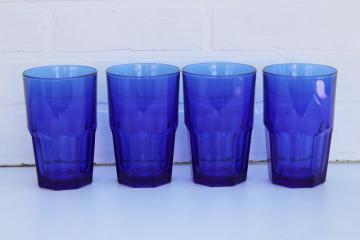 Libbey Crisa cobalt blue glass drinking glasses, large bistro style tumblers Boston pattern