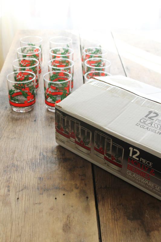 Libbey Holly & Berries Christmas glasses, double old fashioned vintage box of 12 