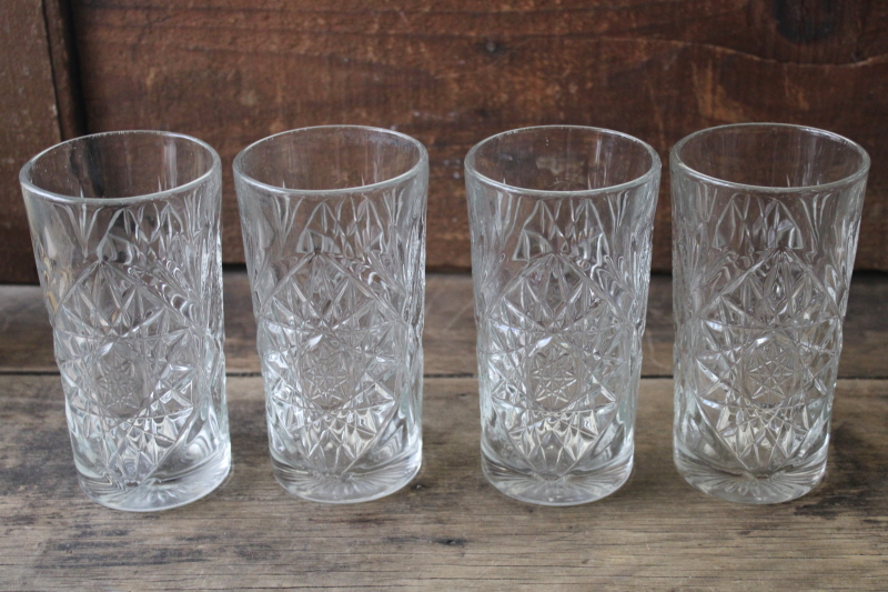Libbey hobstar pattern pressed glass tumblers, vintage drinking glasses