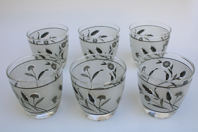 Libbey silver wildflower  double old fashioned tumblers, mid-century mod vintage bar glasses