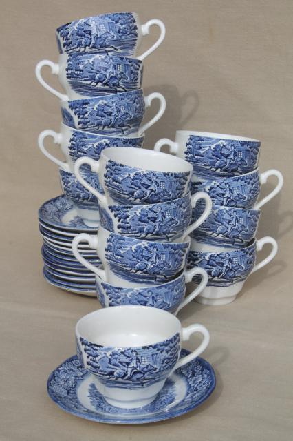 Liberty Blue Staffordshire vintage china Paul Revere teacups, 14 cup & saucer sets