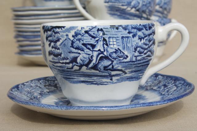 Liberty Blue Staffordshire vintage china Paul Revere teacups, 14 cup & saucer sets