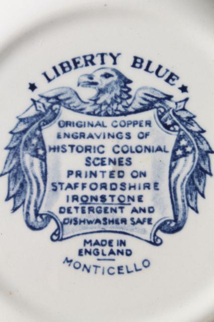 Liberty Blue Staffordshire vintage china plates, Monticello scene set of 6