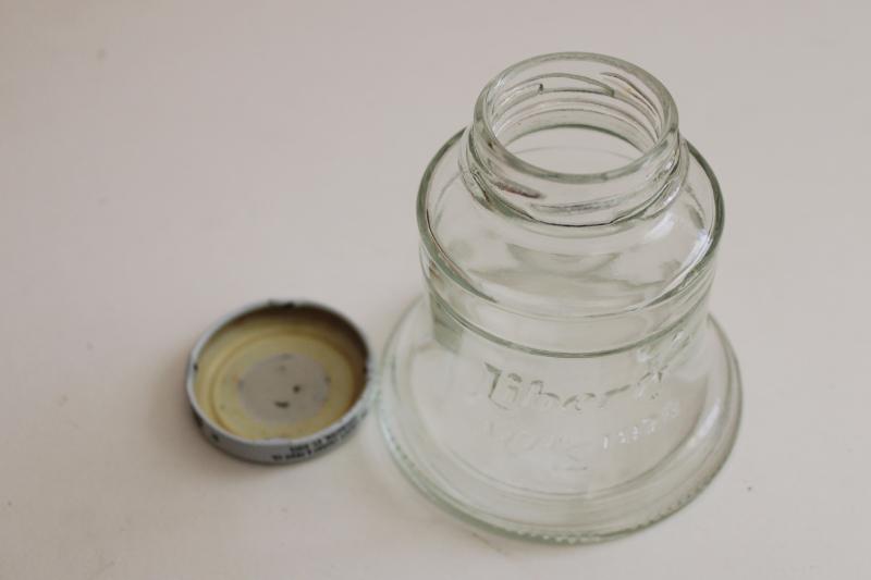 Liberty Olives bell shaped jar, vintage figural glass bottle w/ original metal lid