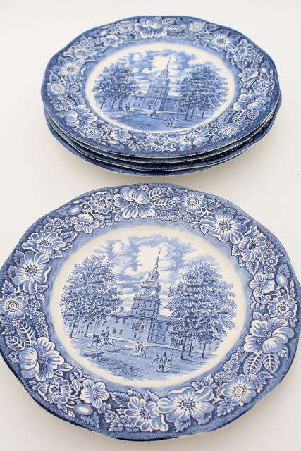 Liberty blue & white transferware china, vintage dinner plates Independence Hall