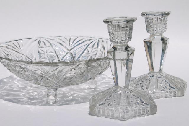 Libochovice Czech art glass console bowl & pair candlesticks, vintage 1930s