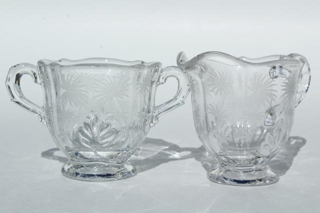 Lido etched glass cream & sugar set, crystal clear vintage Fostoria glassware