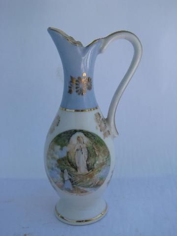 Limoges - France, vintage french china holy water pitcher, l'apparition Lourdes