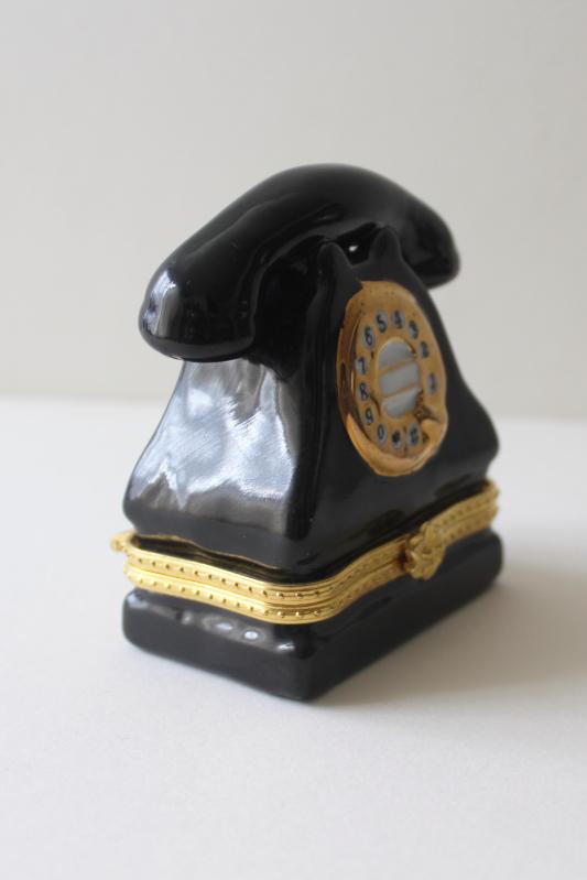 Limoges style china trinket box shaped like a vintage rotary dial telephone