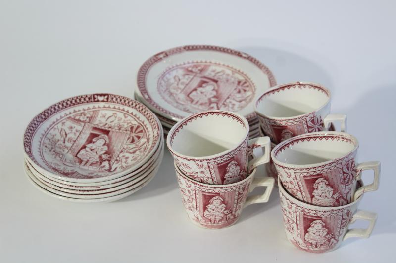 Little Mae antique childs demitasse tea cups plates, 1800s Allerton England red pink transferware