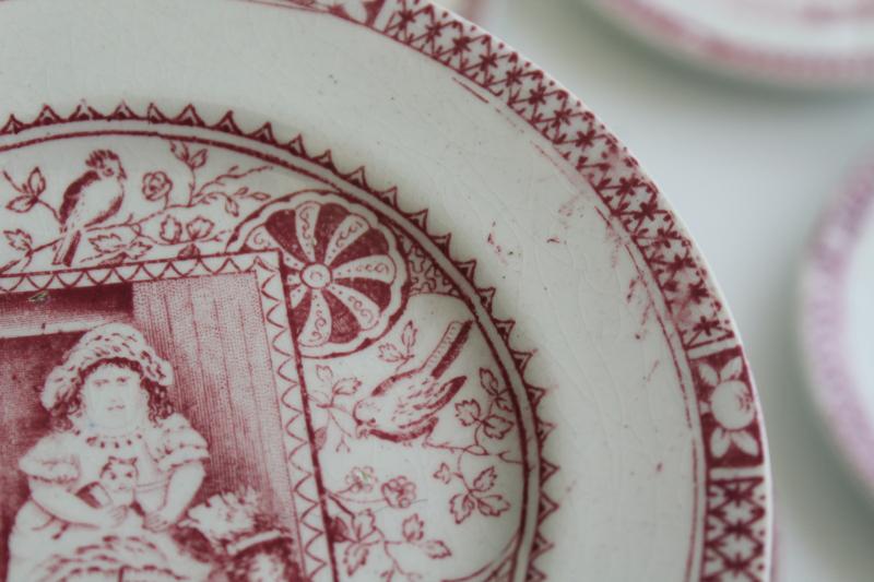 Little Mae antique childs demitasse tea cups plates, 1800s Allerton England red pink transferware