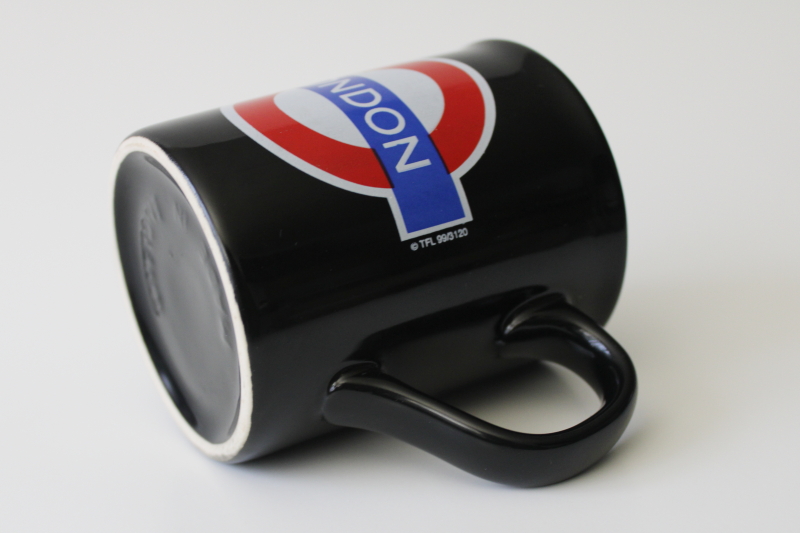 London souvenir coffee cup or tea mug, underground logo on black ceramic