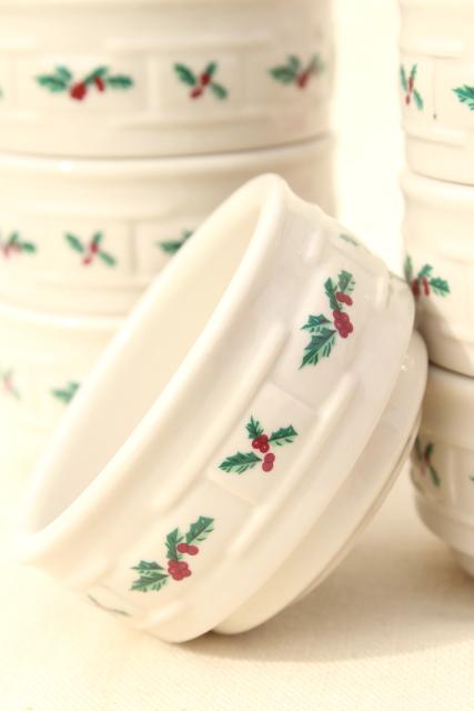 Longaberger Holly Christmas Traditions stoneware pottery custard cups
