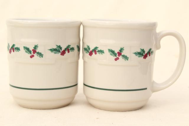 Longaberger Holly Christmas Traditions stoneware pottery mugs or coffee cups, set of four
