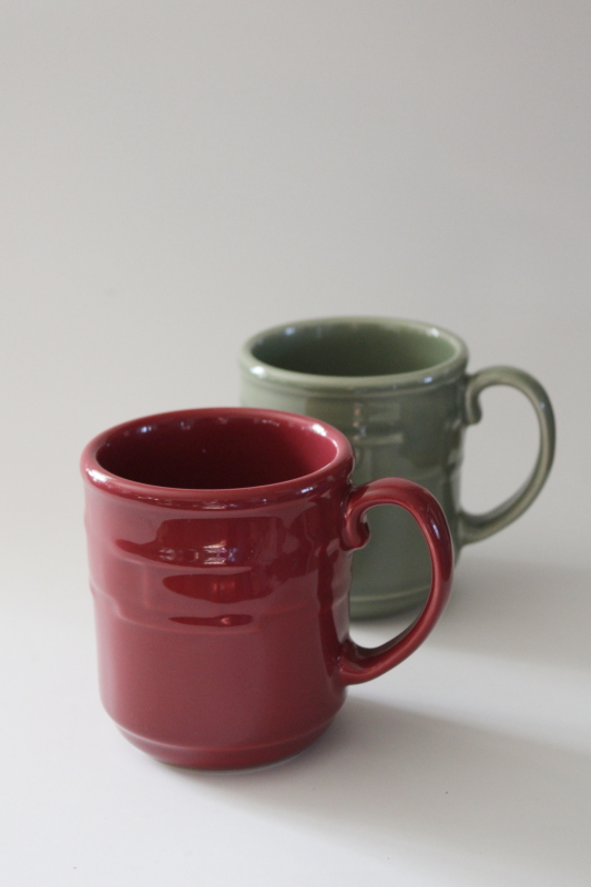 Longaberger Woven Traditions pottery mugs, paprika red  sage green, early 2000s vintage