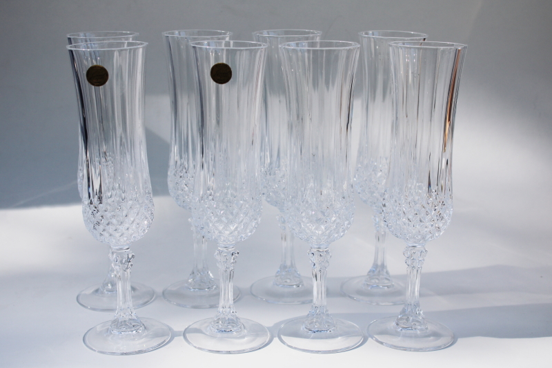 Longchamp Cristal dArques France label crystal clear glass champagne flutes