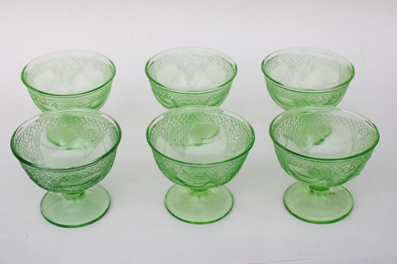 Lovebirds (Georgian) 1930s vintage champagne glasses, uranium green depression glass
