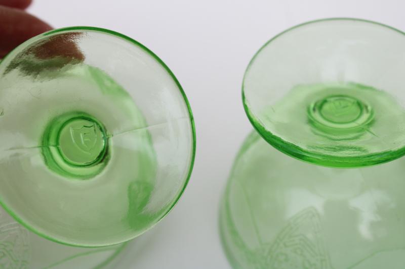 Lovebirds (Georgian) 1930s vintage champagne glasses, uranium green depression glass