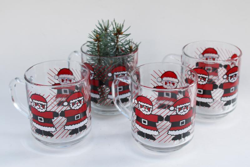 Luminarc clear glass mugs w/ Christmas Santa, vintage coffee cups or holiday cocoa mugs