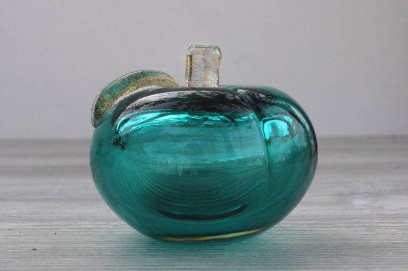 MCM vintage Barbini Murano glass paperweight, aqua sommerso glass apple w/ gold