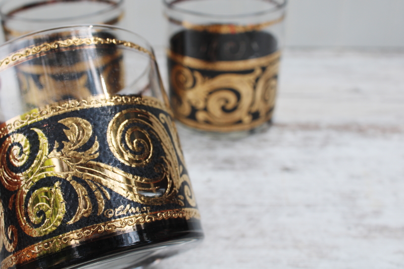 MCM vintage Culver bar glasses double old fashioned ebony black Baroque gold scrolls
