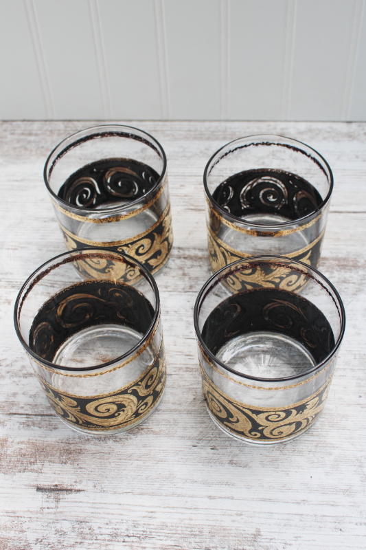 MCM vintage Culver bar glasses double old fashioned ebony black Baroque gold scrolls