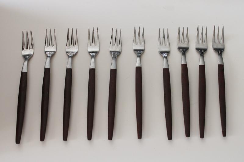 MCM vintage Ekco Eterna Canoe Muffin stainless w/ rosewood melamine handles, set of tiny forks
