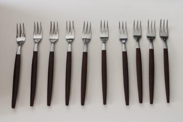 MCM vintage Ekco Eterna Canoe Muffin stainless w/ rosewood melamine handles, set of tiny forks