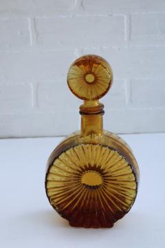 MCM vintage Empoli glass bottle w/ stopper, amber glass decanter mod sun rays starburst