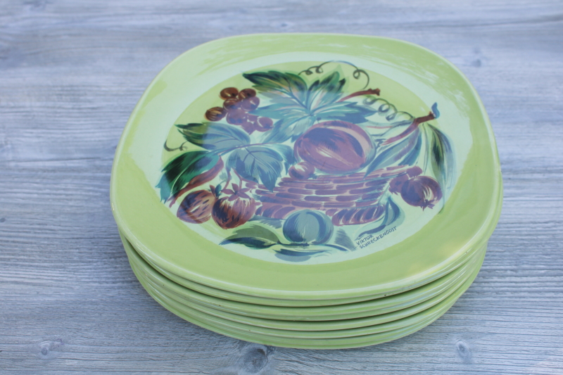 MCM vintage Viktor Schreckengost ceramic dinner plates, Main Street Flair lime green fruit