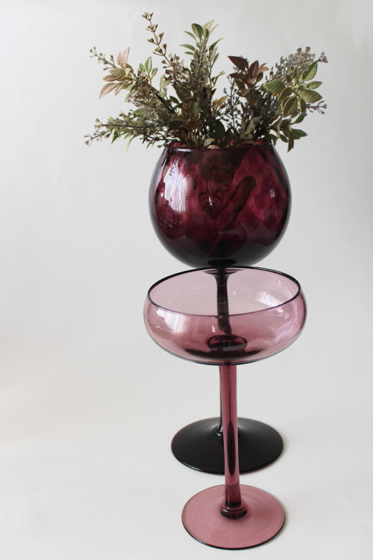 MCM vintage amethyst purple glass, huge hand blown glass goblets, candle holders 