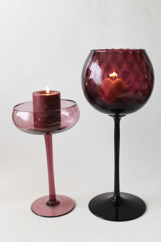 MCM vintage amethyst purple glass, huge hand blown glass goblets, candle holders 