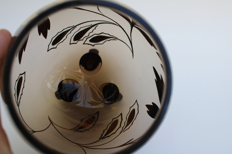 MCM vintage art glass, hand blown smoke brown glass vase w/ gold leaf design