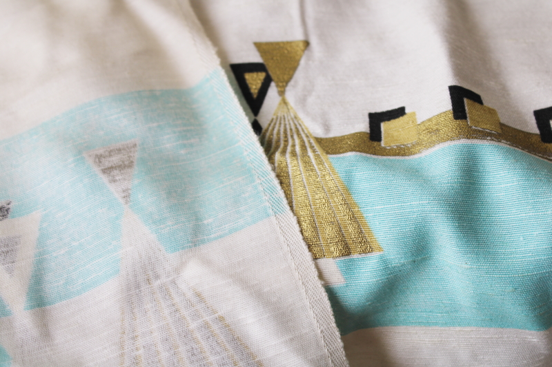 MCM vintage drapery or upholstery fabric, large abstract print aqua, metallic gold  black on ivory