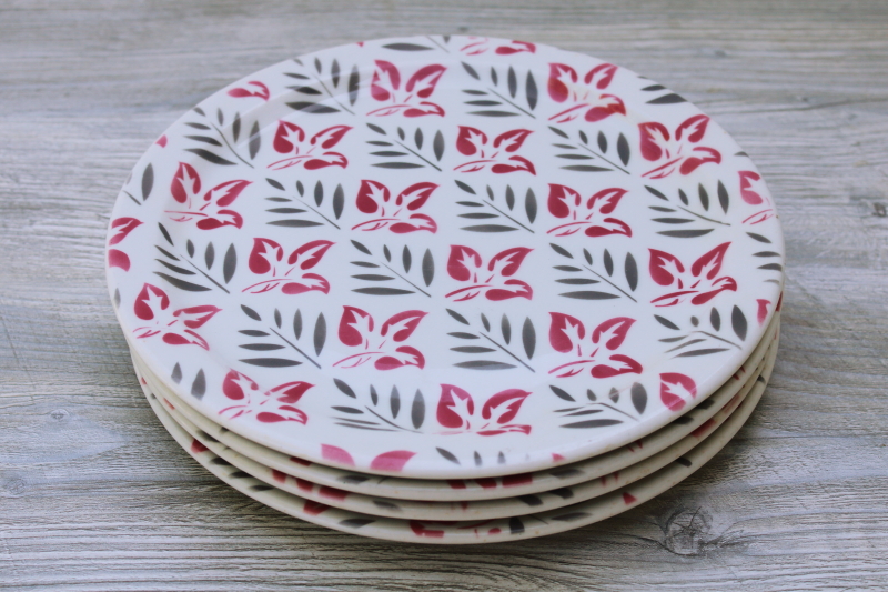 MCM vintage restaurant china dinner plates airbrush design art deco palm leaves pink grey