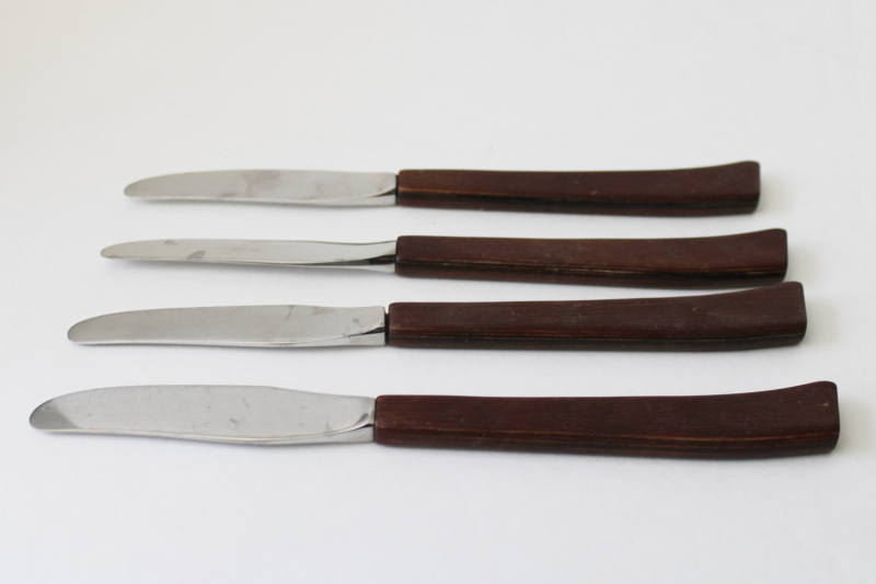 MCM vintage set of teak or rosewood handle table knives, danish modern minimalist style