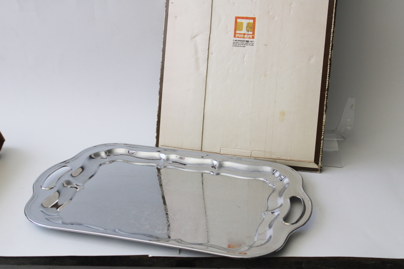 MCM vintage shiny silver chrome plated metal serving tray, original Irvinware box