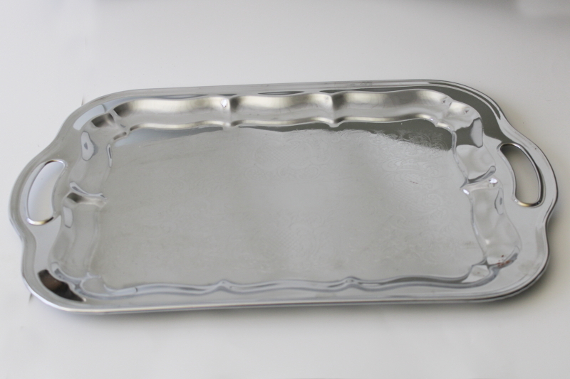 MCM vintage shiny silver chrome plated metal serving tray, original Irvinware box