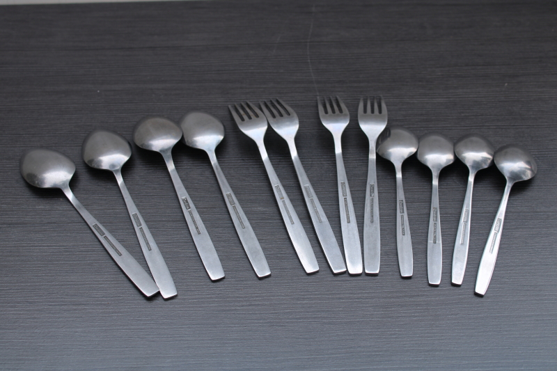 MCM vintage stainless flatware set for 4, Corsican pattern mod textured handles