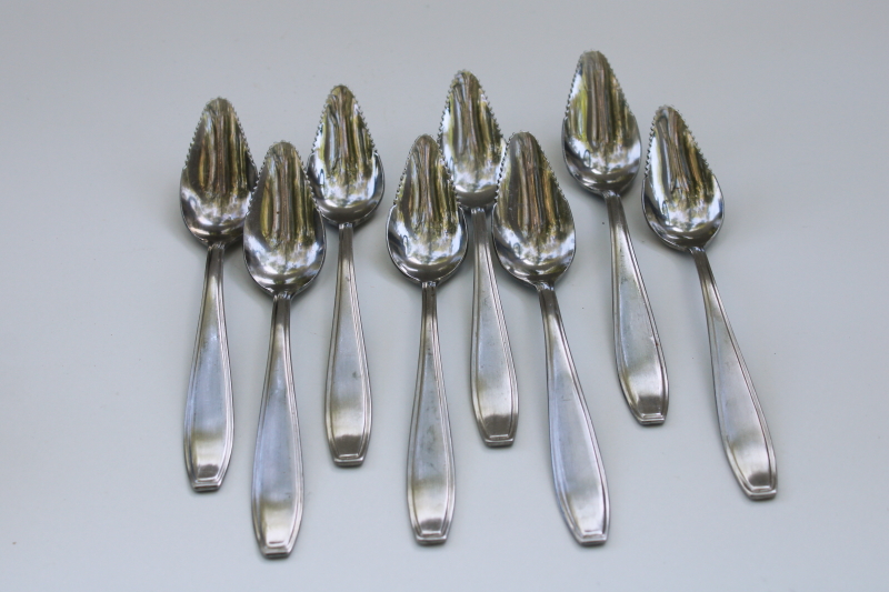 MCM vintage stainless flatware, set of 8 grapefruit spoons, serrated edge teaspoons