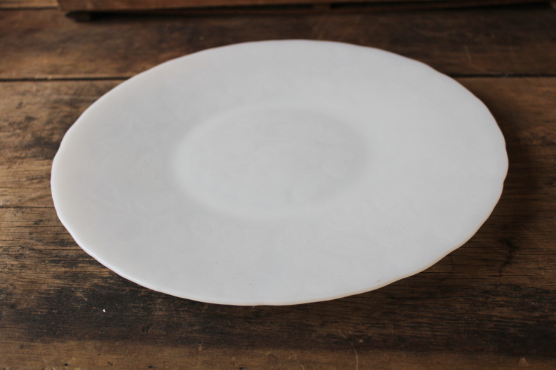 MacBeth Evans dogwood depression glass, Monax milk white opal glass round tray cake plate
