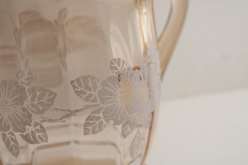 Macbeth Evans dogwood 1930s vintage pink depression glass pitcher w/ flowers