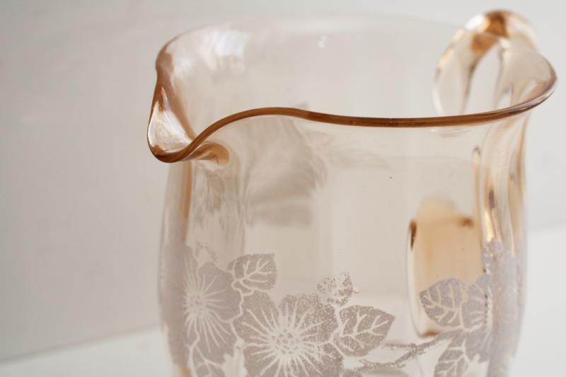 Macbeth Evans dogwood 1930s vintage pink depression glass pitcher w/ flowers