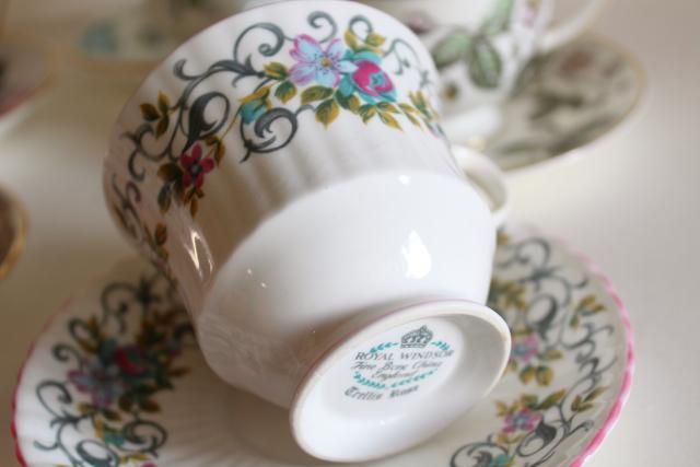 Mad Hatter tea party vintage English china tea cups, set 12 mismatched cup & saucer sets