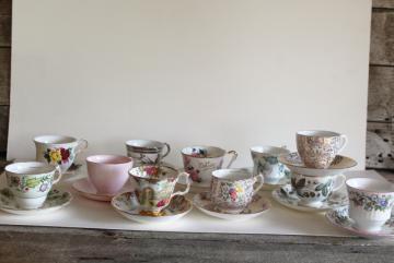 Mad Hatter tea party vintage English china tea cups, set 12 mismatched cup & saucer sets